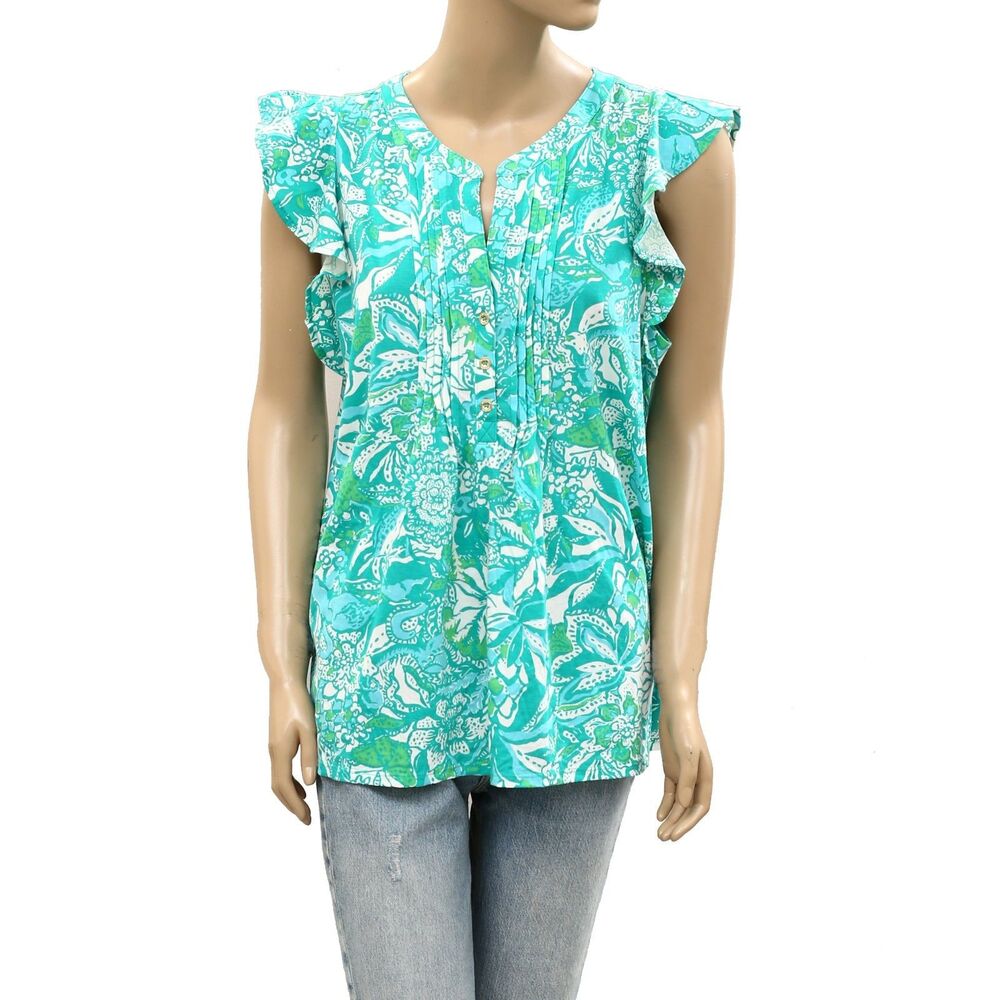 Lilly Pulitzer Golda Blouse Top Amalfi Sound The Sirens Cotton Printed L 287598